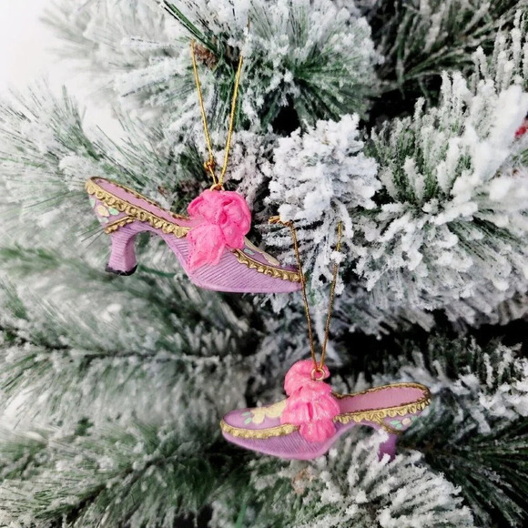 Porcelain Miniature Victorian Pink Barbie Floral Christmas Shoes Heels Ornaments - Picture 10 of 10